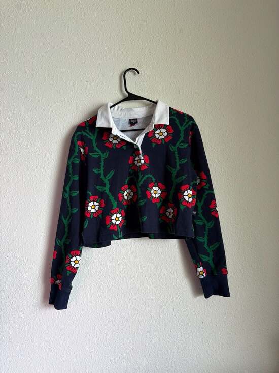 Rowing Blazers Tops - Rowing Blazers Navy Floral Rose Cropped Rugby Polo Shirt Size L